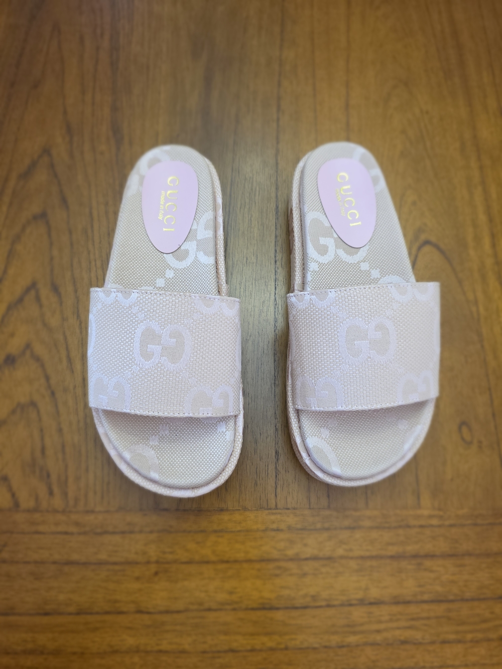 Denim light pink GG canvas platform slide sandals (NEW)